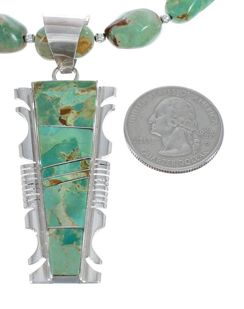 Native American Kingman Turquoise Inlay And Sterling Silver Navajo Bead Necklace And Pendant Set AX124782